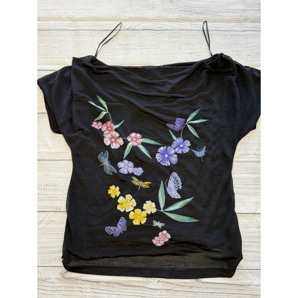 H&M Floral Butterfly Blouse Womens Small Black Cap Sleeve Fairy Feminine
